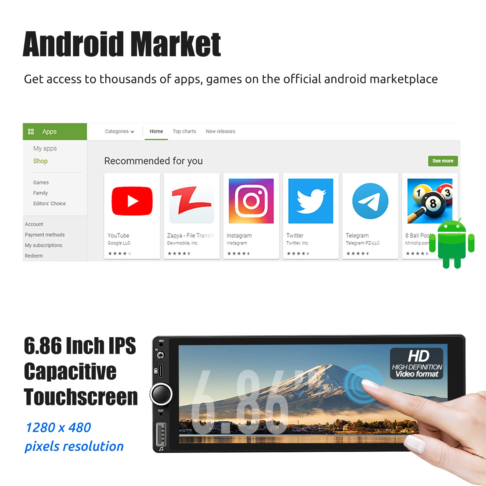 Universal Autoradio ESSGOO 6.86" 1DIN Android15 4+64 GB Wireless CarPlay Bluetooth USB Typ-C GPS Navigation WiFi RDS FM 2+64 GB Lenkradsteuerung Mirror Link Android Auto – Detail 4