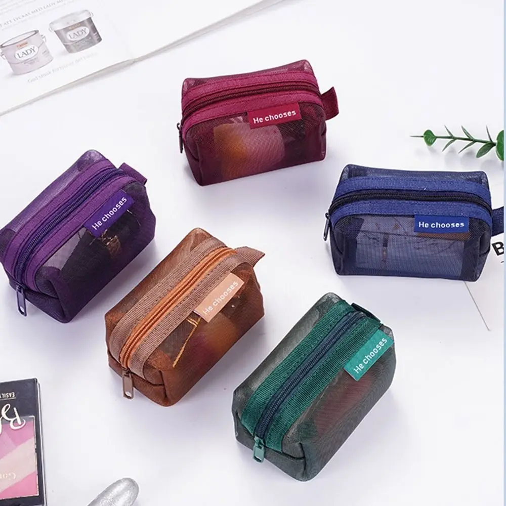 Makeup bag retro color mesh zipper storage transparent cosmetic toiletry organizer case for girls