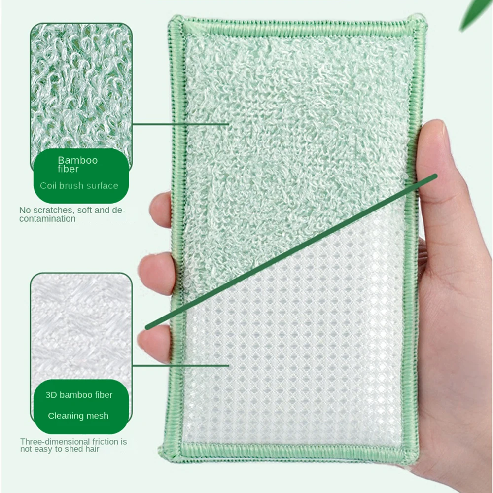set Bamboo Fiber Sponge Dishwashing Rag Scouring Pad Reusable Oil-free Double-sided Household Brush Cleaning Tool Kitchen 3