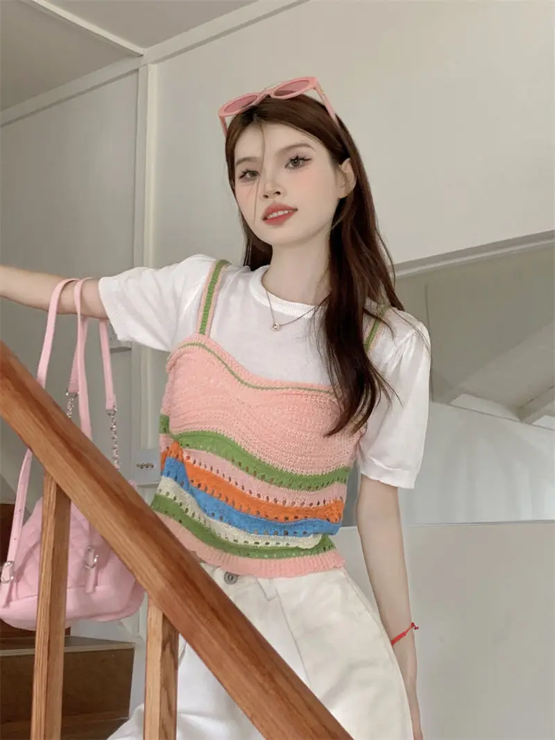 Kawaii Tank T-Shirt  Women’s Japanese Multicolor rainbow Colorful Attractive Patchwork Crochet Knit Comfortable Trendy womens Students All-match Streetwear Daily Classic Style Popular Cotton Tops Japan Tees T-Shirts for Woman in pink white
