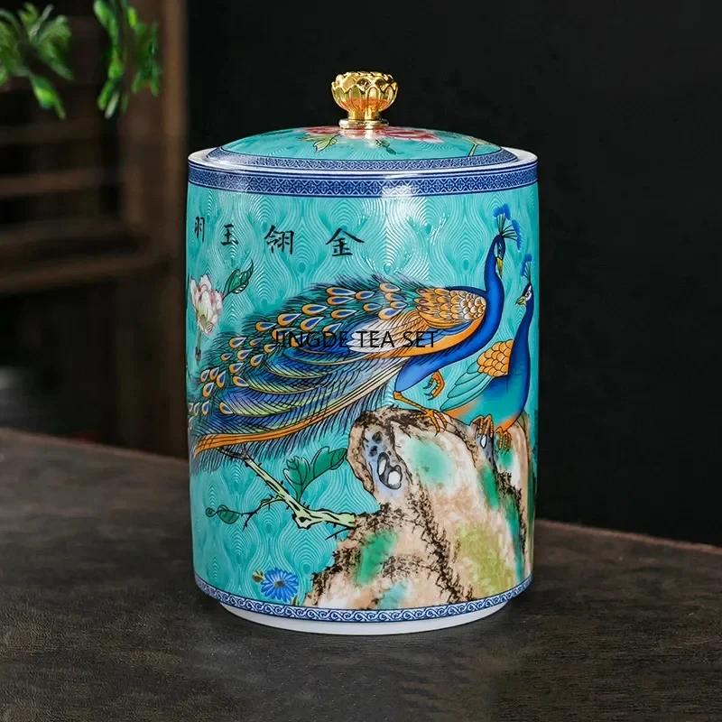 Exquisite painted flower and bird tea travel ceramic tea jar coffee bean biscuit candy sealed storage jar