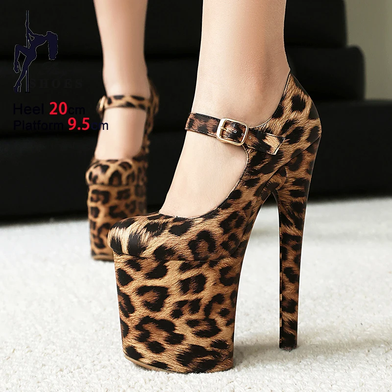 20CM Pole Dance Shoes Model Show Stiletto Buckle Strap Mary Jane High Heels 2025 New Thick Platform Women Leopard Print Pumps