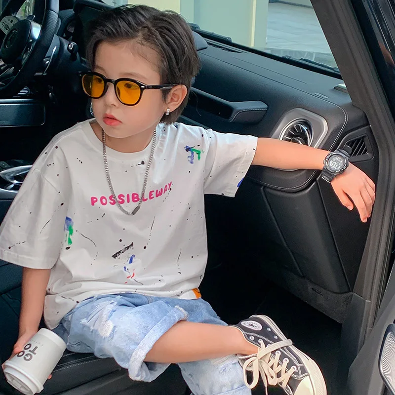 

Хлопковая футболка для мальчиков, с коротким рукавом и принтом алфавита