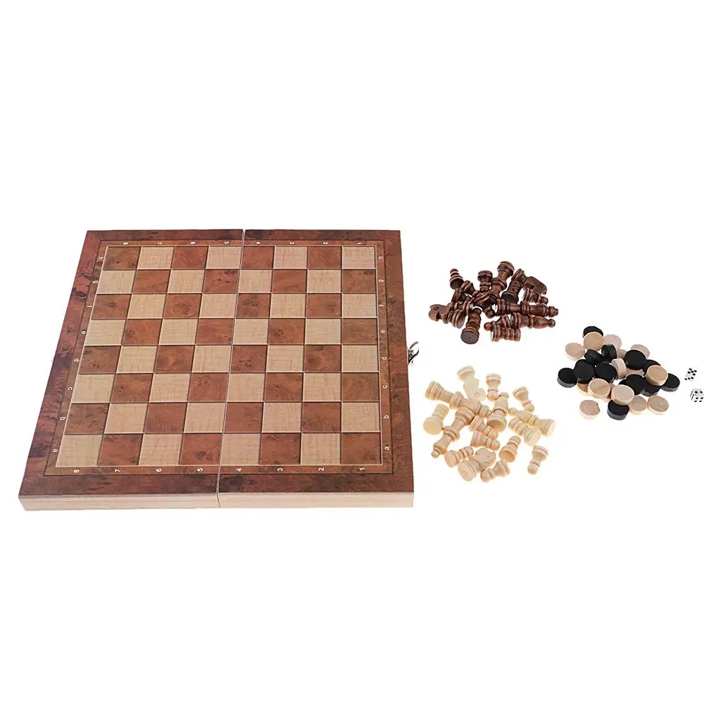 Folding Wooden Chess Set Deluxe Chess Checker Backgammon International Set Traditional Board Game for 2 Players