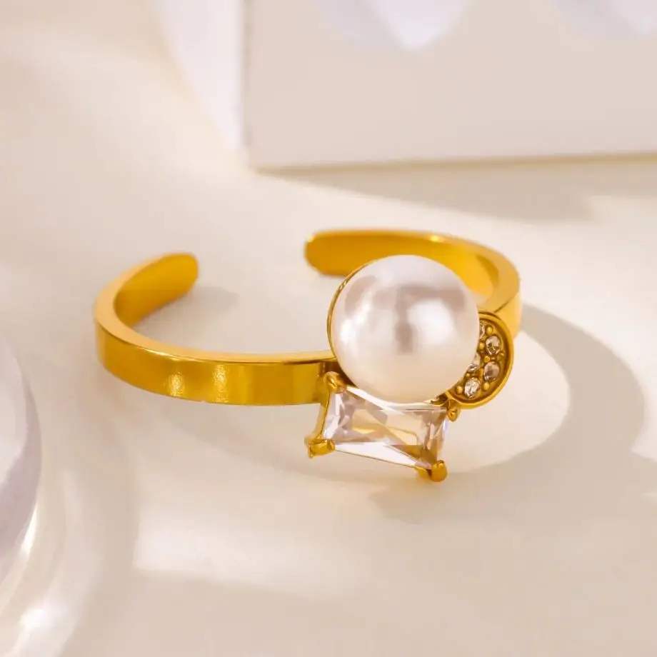 Zircon Imitation Pearls Rings Gold Stainless Steel