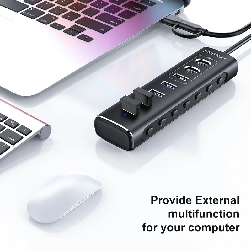 RSHTECH Powered USB Hub 7 Ports USB Extension 10Gbps USB-A and 2 USB-C Data Ports Individual On/Off Switches 12V Power Adapter 5