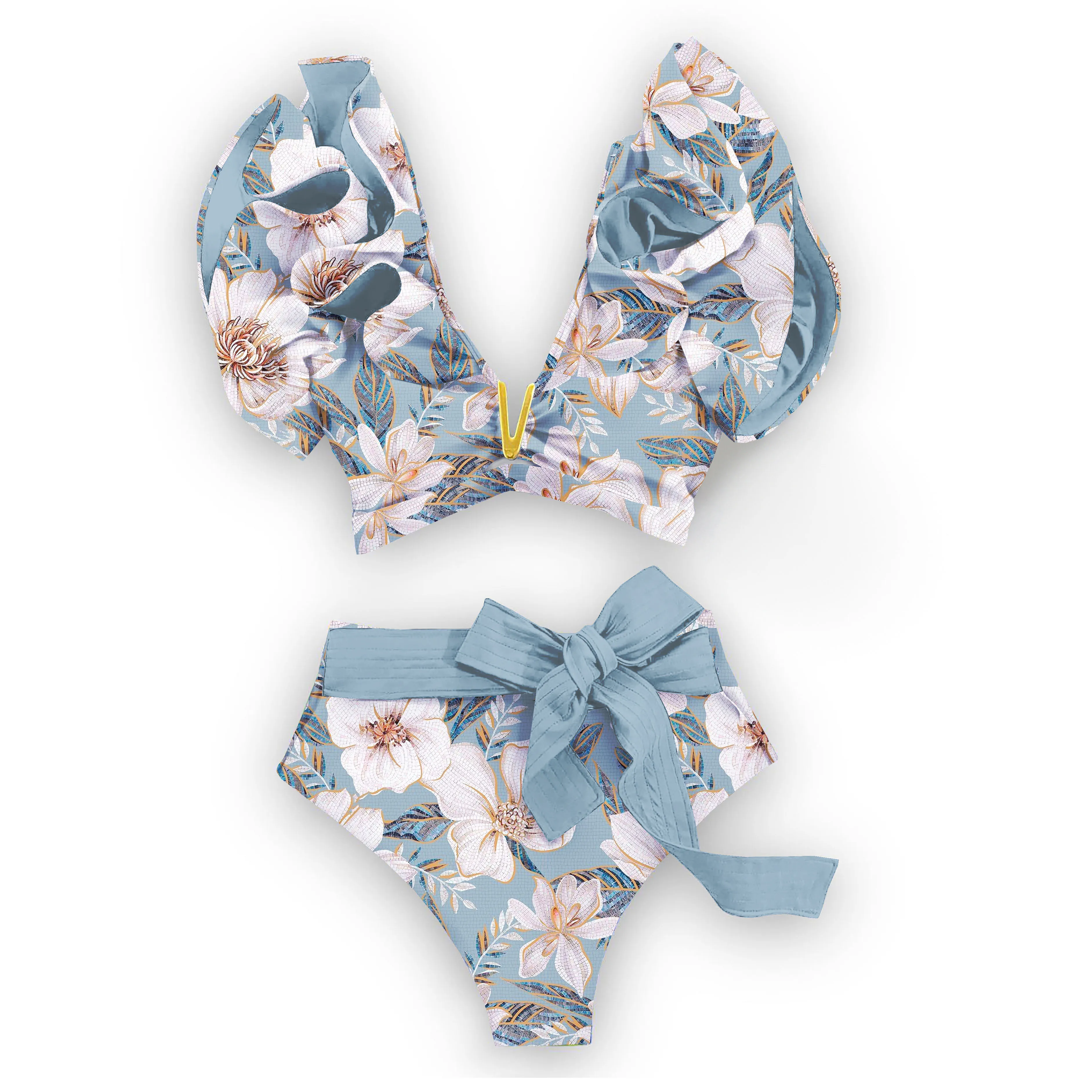 2025 New Sexy High Waist Bikini Sets Ruffle Swimwear Women Swimsuit Print Floral Dots V-neck Beach Wear Bathing Suits Biquini 4