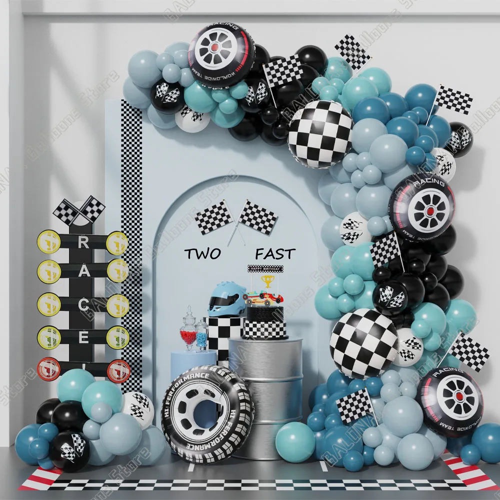 148Pcs Race Car Theme Balloon Garland Arch Kit Sea Blue Black Latex Balloons Boy Two Fast Birthday Party Baby Shower Decor
