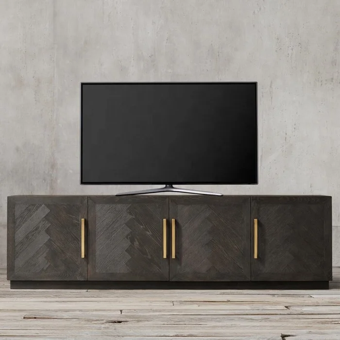 High Quality Herringbone Pattern Solid Wood Oak 3-4-DOOR MEDIA CONSOLE Tv Stand Living Room Furniture
