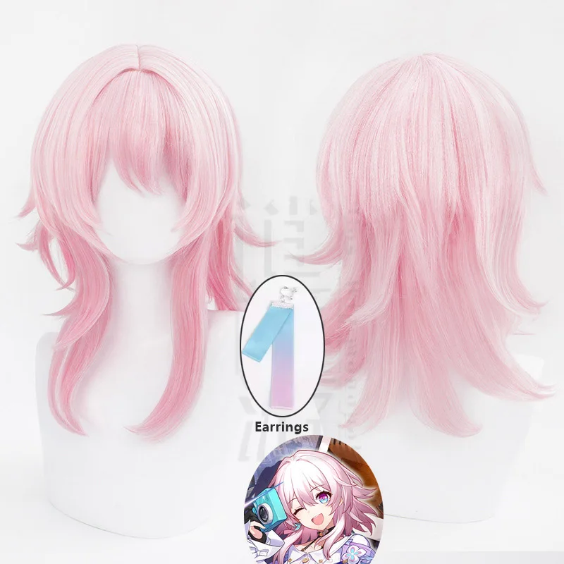 

Game Honkai Star Rail 7th March Cosplay Wig Women Pink Heat Resistant Hair Earrings Halloween Carnival Roleplay Party Props