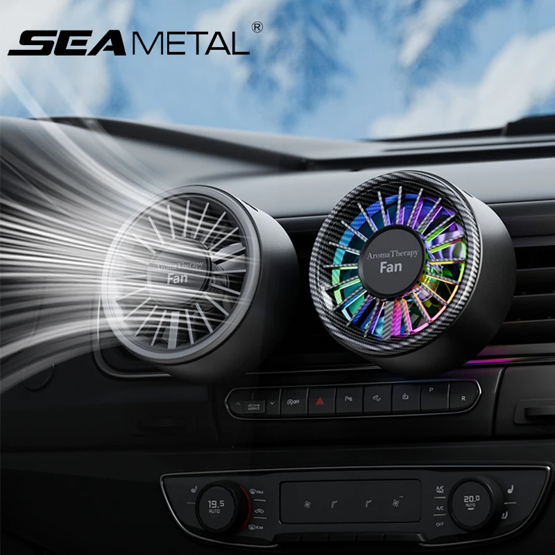 SEAMETAL Car USB Fan Air Vent Ambient Light Cooling Fan Air Freshener Free-Rotation Stable Clip Silent Fan 3-Speed Adjustable