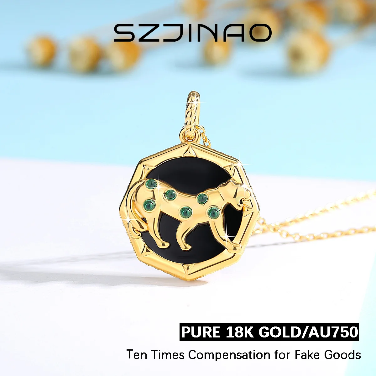 18K Gold black onyx Pendant leopard Necklace AU750 Niche