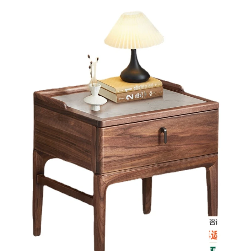 

Yjq Black Walnut Solid Wood Bedside Table Light Luxury Stone Plate Bedside Cabinet Bedroom Storage Cabinet