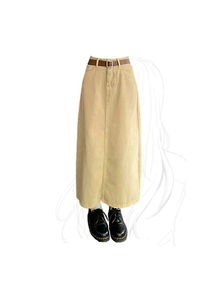

Women's Khaki A-line Denim Long Skirt Vintage Y2k Skirt Harajuku Korean Style Casual Fashion Kawaii A-line Skirts Clothes 2023