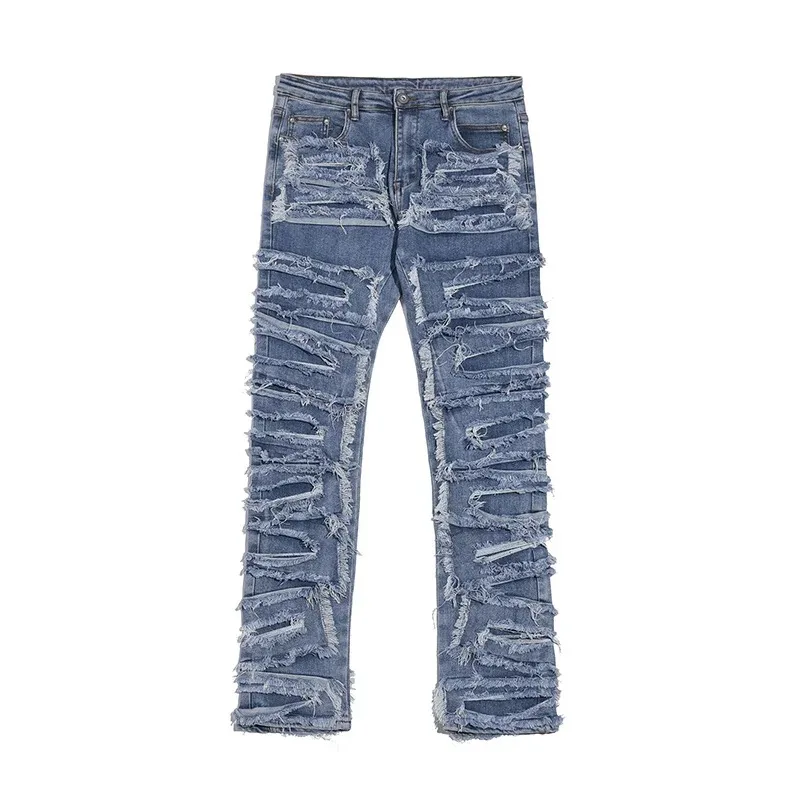 

Hole Ripped Distressed Jeans for Men Straight Washed Harajuku Hip Hop Loose Denim Trousers Vibe Style Casual Jean Pants