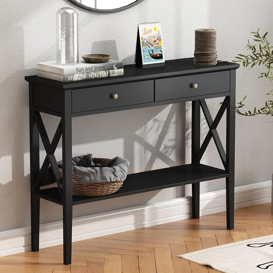 

Narrow Wood Accent Sofa Table Entryway Table with Storage Shelf for Entryway, Front Hall, Hallway, Living Room, Black