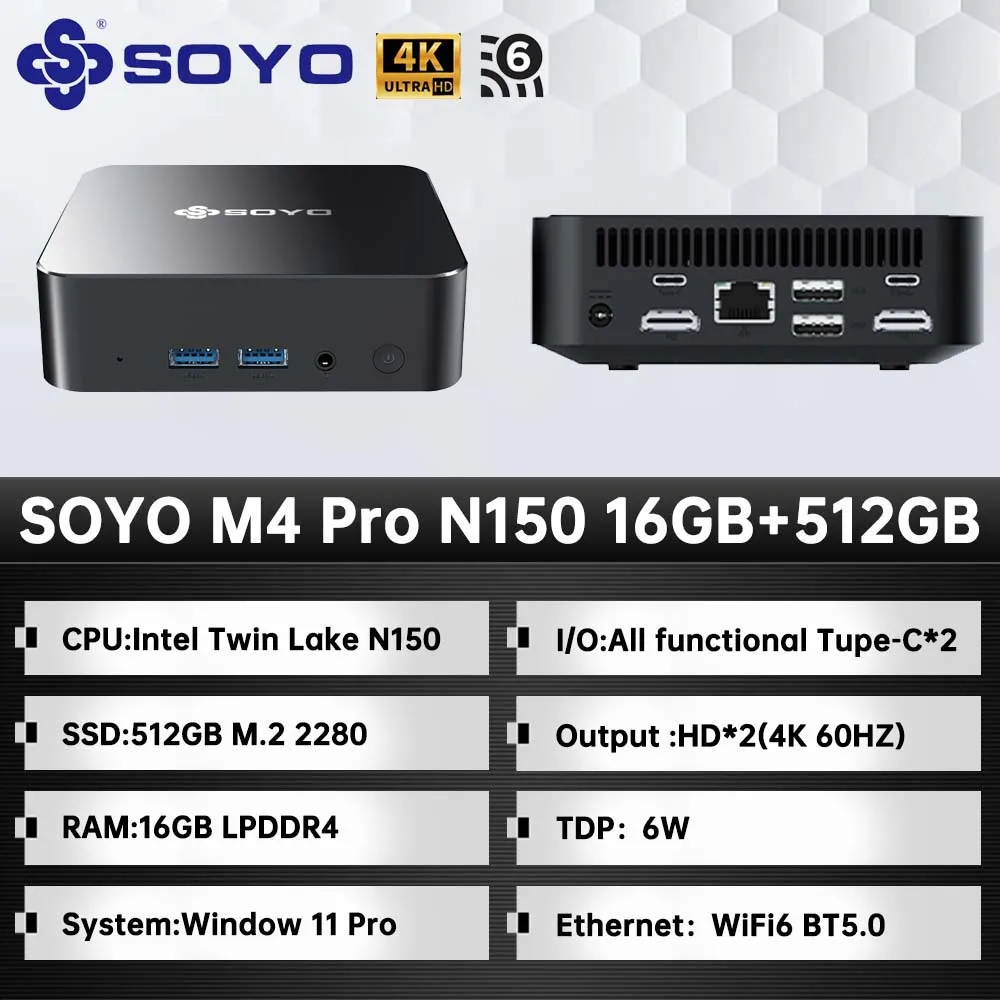 【新品】SOYO M4 Pro ミニPC 16GB+512GB WiFi6 SOYO M4 Pro Mini PC Intel Alder Lake N95 Mini PC Computer PC