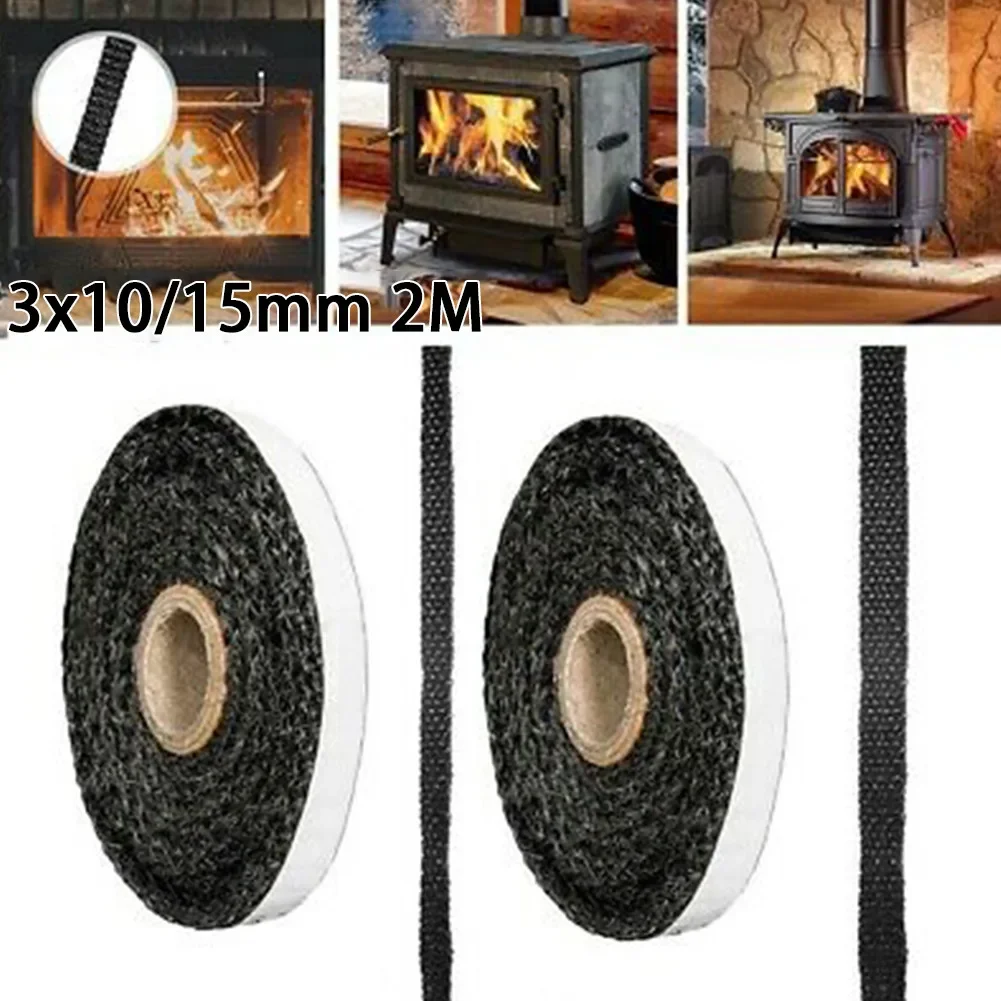 Black Flat Stoves Rope Self-Adhesive Fiberglass Fireplace Door Sealing Cord Replacement Gasket Tape 2m Length 10/15mm Width