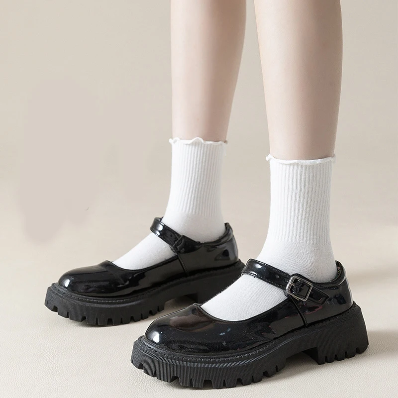 여성용 부드러운 통기성 크루용 발목 양말, 봄 가을 프릴 블랙 화이트 패션, 여성 중간 튜브 양말, 3 켤레