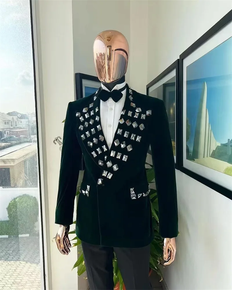 

Men Suit Blazer 1 Pcs Velvet Wedding Tuxedo Dark Green Luxury Crystal Formal Prom Office Male Jacket Coat костюм Tailored Made