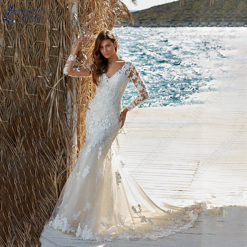 

LAYOUT NICEB Mermaid Wedding Dresses Lace Full Sleeves Bridal Gown Appliques Vestidos De Noiva Mariage Illusion Backless Boho