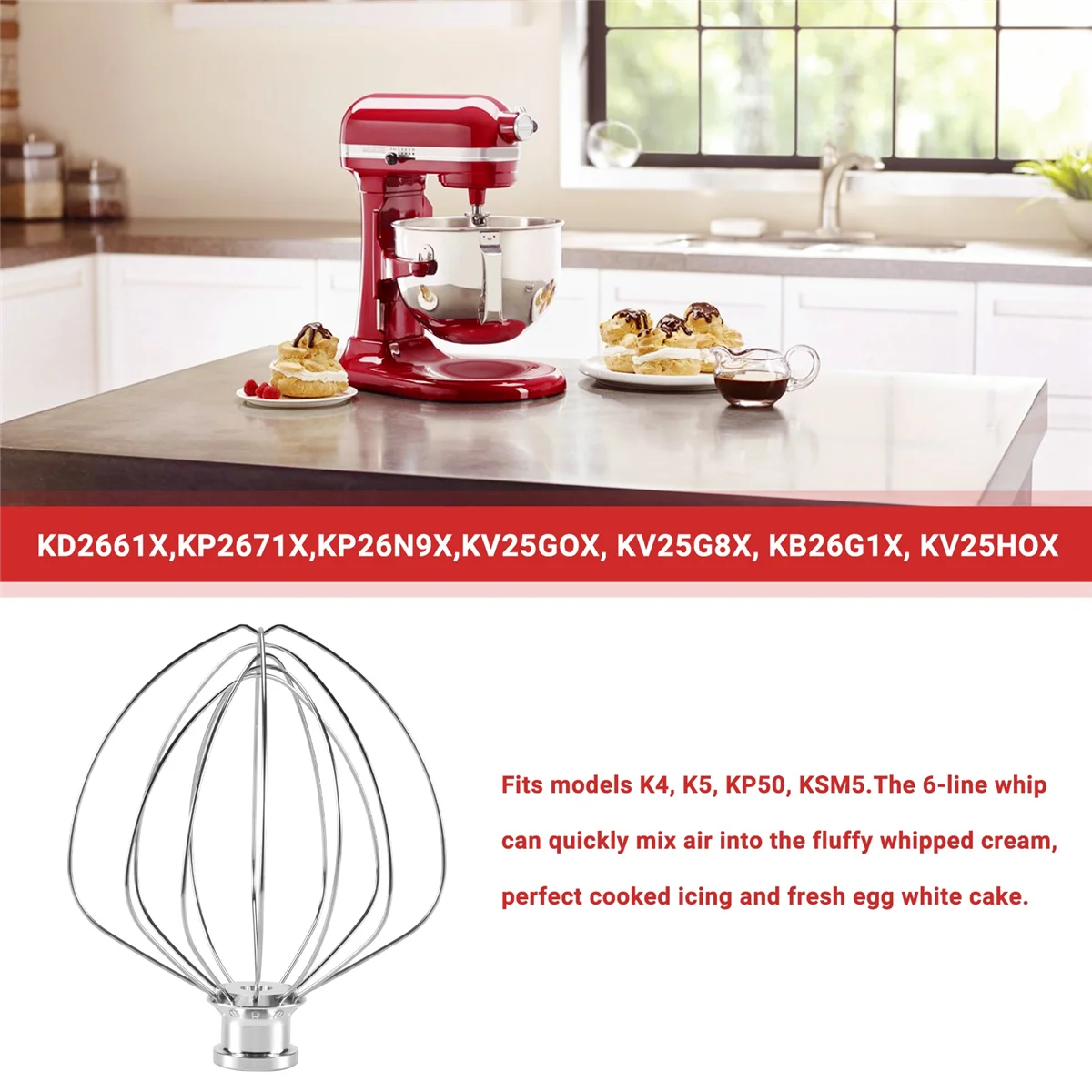 KN256WW 6-Wire Whip Attachment for KitchenAid 5-6 Quart Bowl-Lift Stand Mixer Accessory Replacement, Egg Cream Stirrer HOT