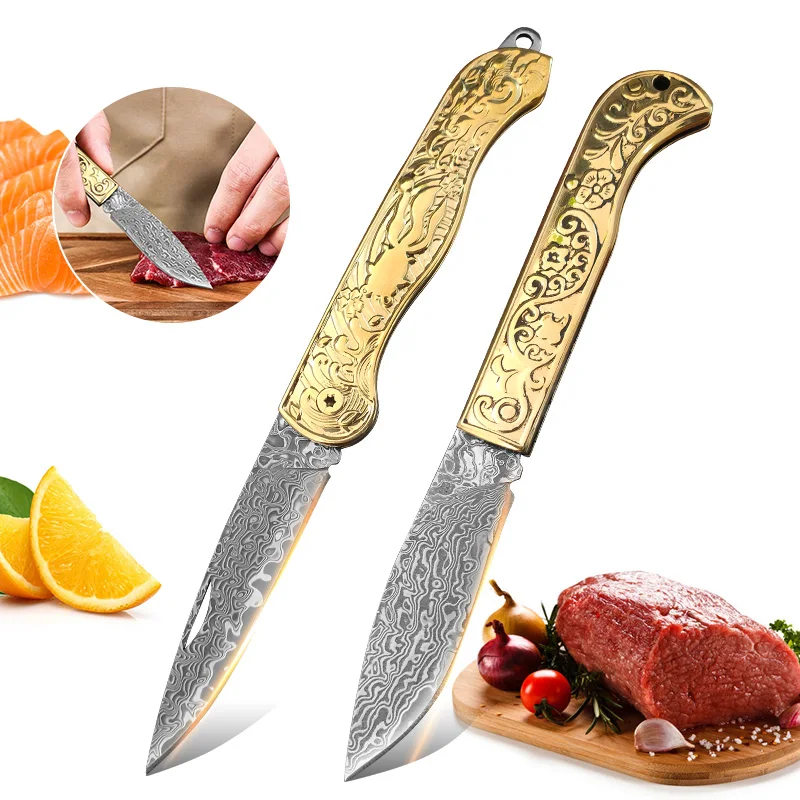 Description Picture 4 of itemBarbecue Knife Damascus Folding Knife Multi-purpose Cleaver Meat Fish Fruit Pocket Knife All-copper Handle Kitchen Cooking Tools
