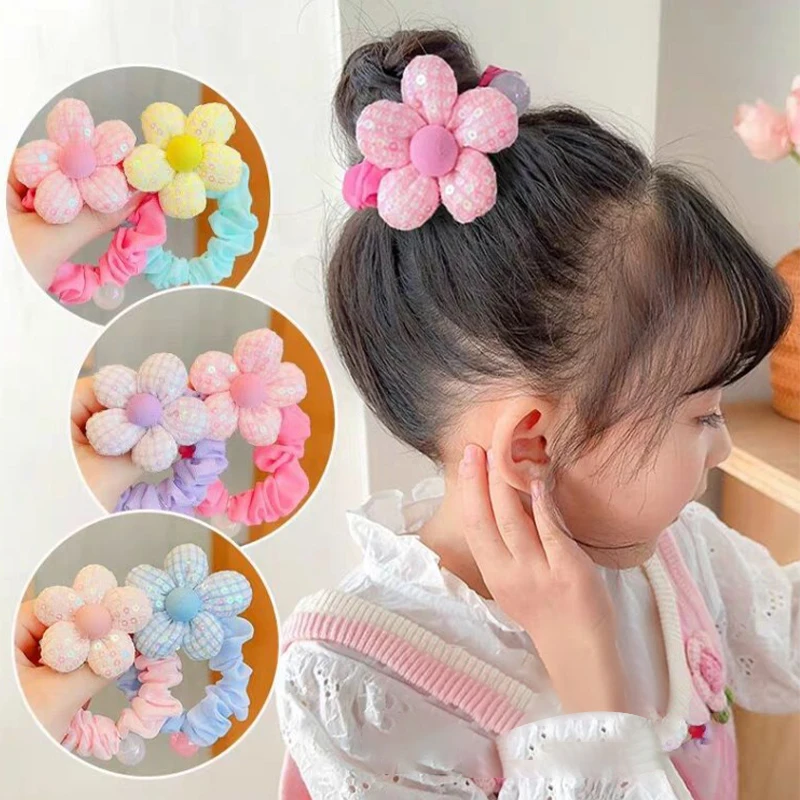 

1Piece Children Korean Headstring Cute Sequin Flower Hair Ring Little Girl Tie Ball Head High Elastic Horse Tail Flower Headwear
