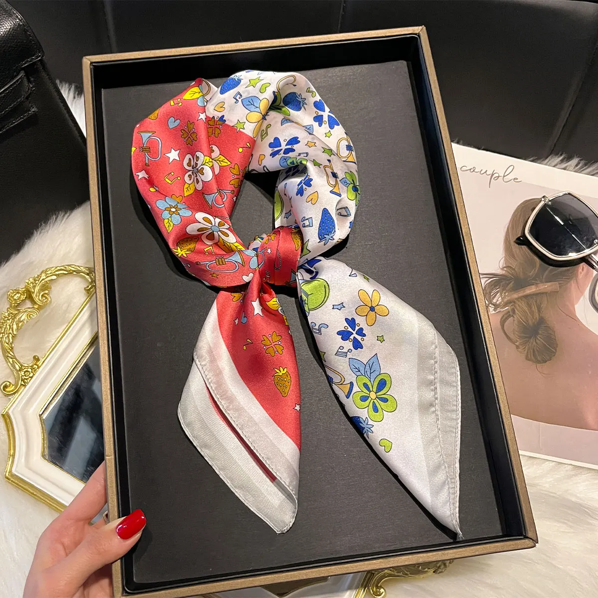 New Design Floral 70*70cm Silk Satin Hair Scarf Women Handkerchief Printed Female Square Head Bandana Small Neck Muffler Hijab