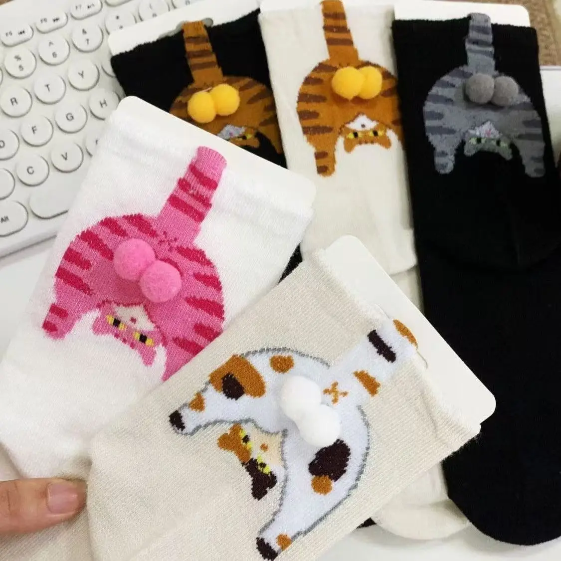 5 Pares De Calcetines Tobilleros Para Mujer Con Estampado De Gatos - Algodón, Transpirables, Para Deporte Y Diario