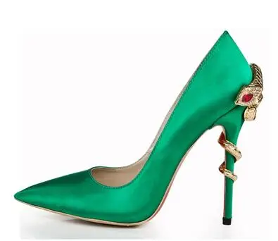 

Gold Mental Snake Heel Pointed Toe Pumps Women Green Blue Silk Shallow Slip On 10 CM Thin Heels Party Office Lady Shoes Size 43