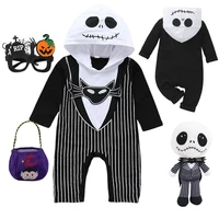 2025 Halloween Cosplay Baby Boy Clothes Jack Nightmare Before Xmas Romper Christmas Cotton Striped  Hooded Jumpsuit 0-24 Months