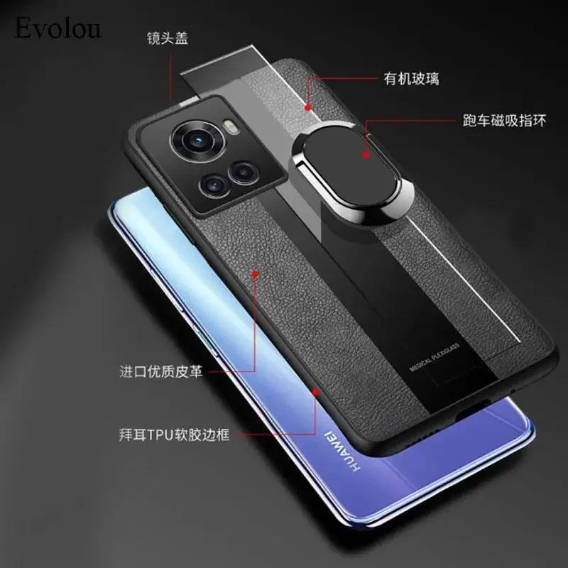 Plexiglass PU Leather Phone Case with Magnetic Metal Ring Stand and Shockproof Protection