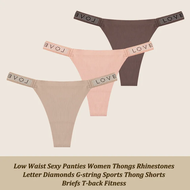 3Pcs/Set Low Waist Sexy Panties Women Thongs Rhinestones Letter Diamonds G-string Sports Thong Shorts Briefs T-back Size XS-XL 10