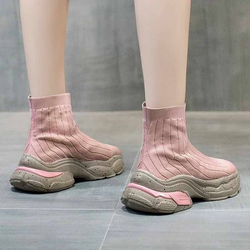 Women Shoes Fashion Knitted Breathable Platform Sports Shoes Outdoor Casual Shoes Platform Soft Sole Comfortable Walking Shoes