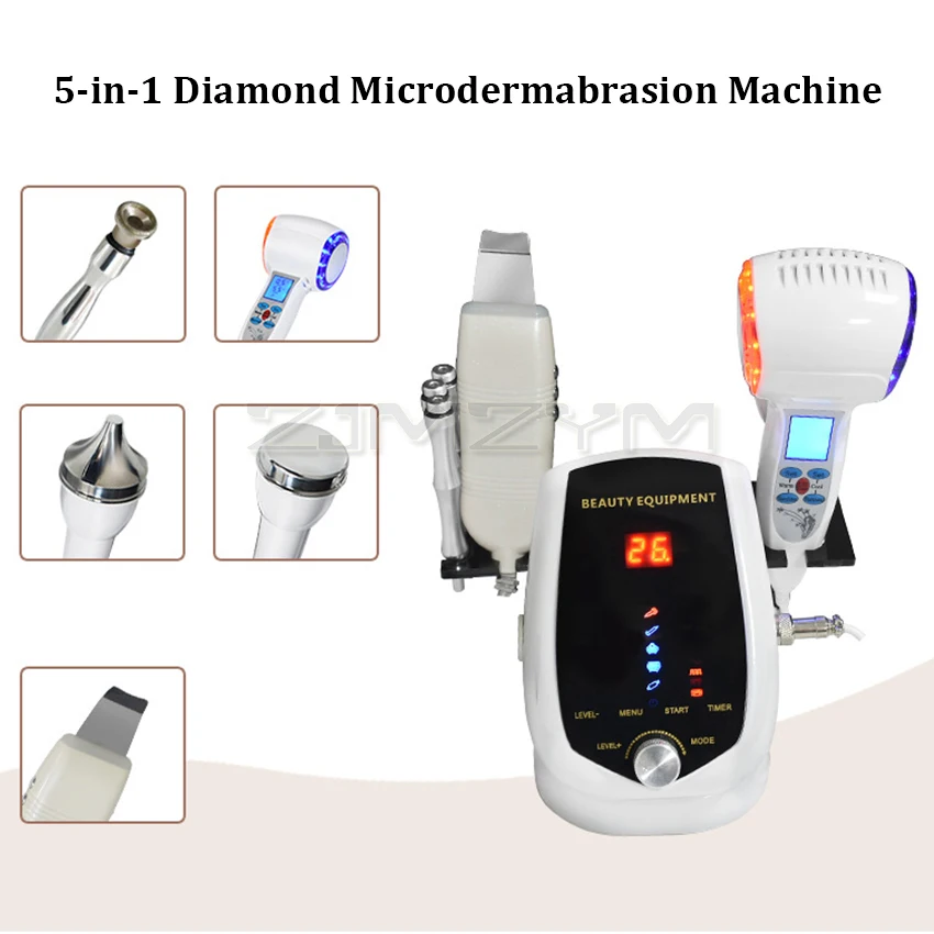 5 In 1 Portable Ultrasound Diamond Microdermabrasion Machine Ultrasonic Scrubber Face Scrubber Skin Care Tools Hot & Cold Hammer