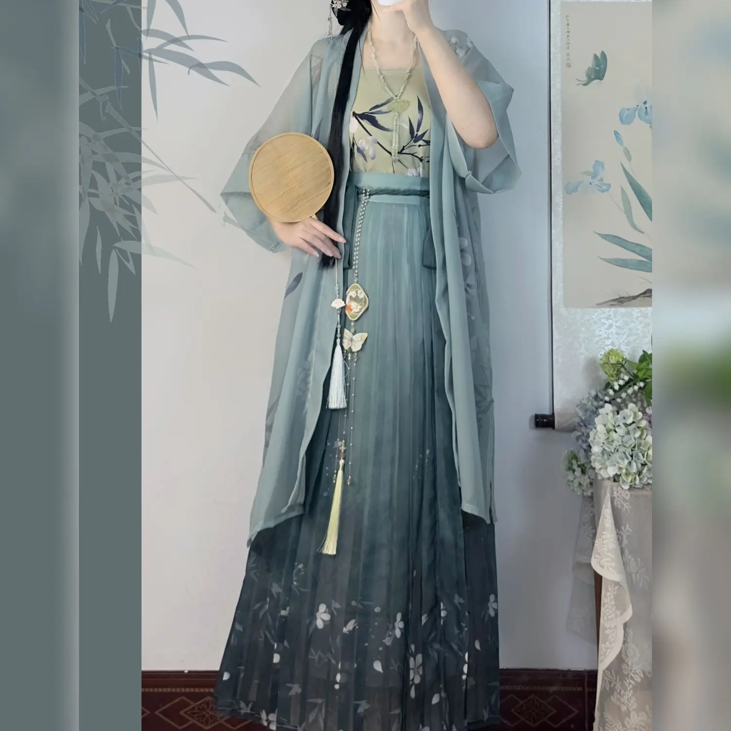 

Сделанная песнями ханьфу чанган, плиссированная юбка с завязками на талии, китайские весенне-Летние повседневные традиционные женские комплекты Hanfu