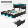 Queen Bed Frame with LED Lights Leather Platform Bed with Storage Drawers and Charging Station, LED Bed Frame Queen Size 2