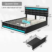 Queen Bed Frame with LED Lights Leather Platform Bed with Storage Drawers and Charging Station, LED Bed Frame Queen Size 2