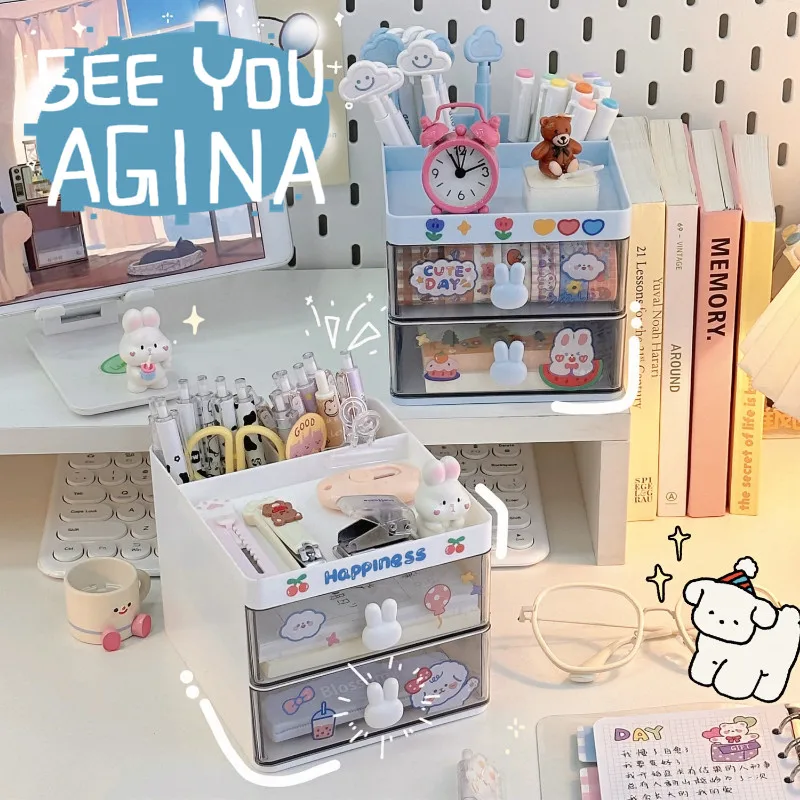 Cute Stationery Organizer Lovely Korean Fashion Pen Holder with Sticker Kawaii High Capacity Desktop Stationery Storage Box