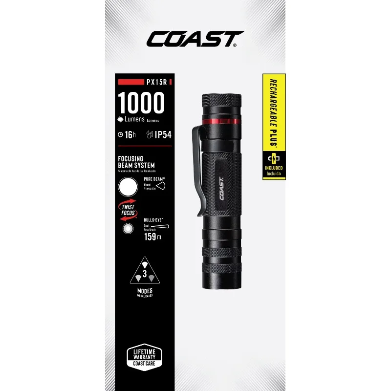 

1000 Lumen Rechargeable Dual Power IP54 Rated LED Flashlight, 4.7 oz.