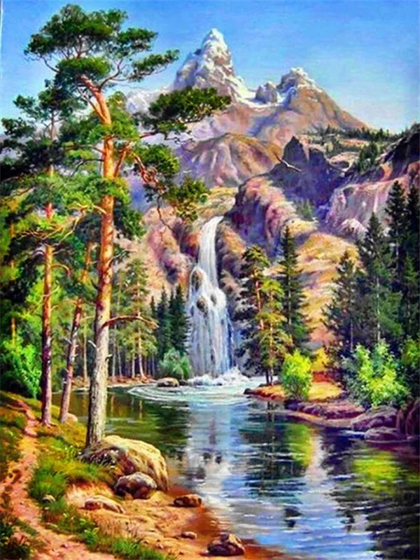 AZQSD Diamond Painting Waterfall Swan Handmade Needlework Home Decor Diamond Scenery Mosaic Cross Stitch Rhinestones Full Kits 