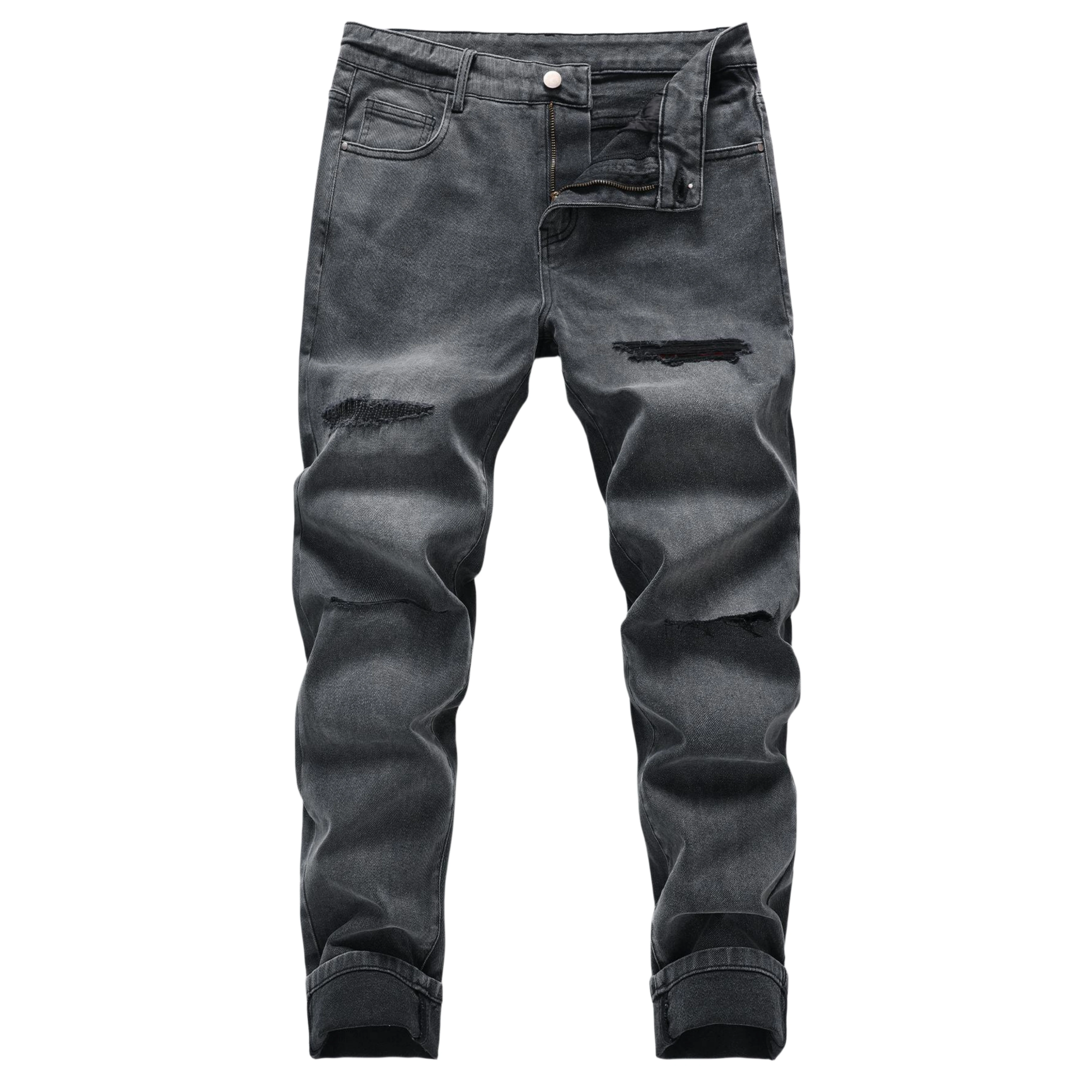 Jeans Rotos Para Hombre HENGAO – Ajustados, Elásticos, Corte Recto, Color Negro – Talla 36