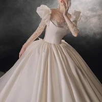 Jancember Superfine Factory Wholesale Wedding Dresses For Women Satin Full Sleeves O-Neck Bow Pleat Robe Mariage LSMX068 1
