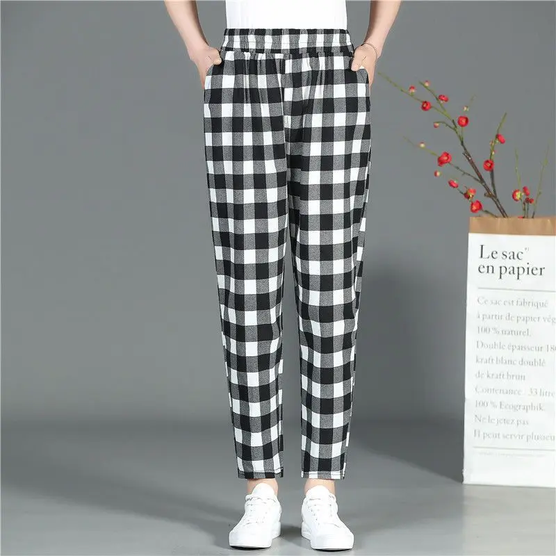 Fashion Elastic Pockets All-match Plaid High Waist Pants Women's Clothing 2024 Summer New Loose Commuter cropped pants