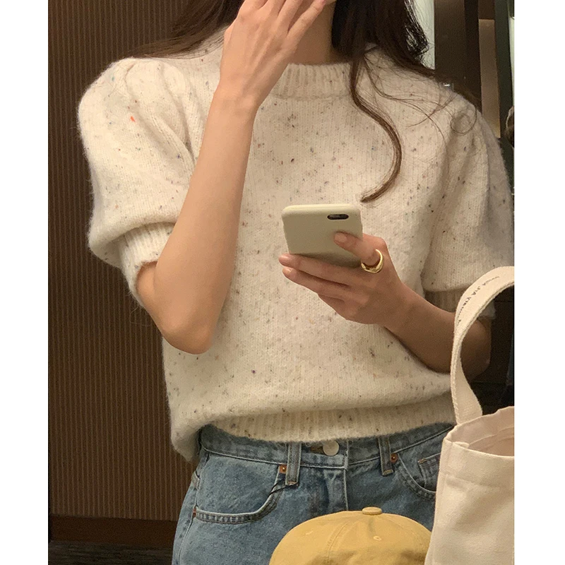 세련된 봄 여성 라운드 넥 짧은 소매 니트 스웨터 루즈 피트 혼합 색상 디자인 ..