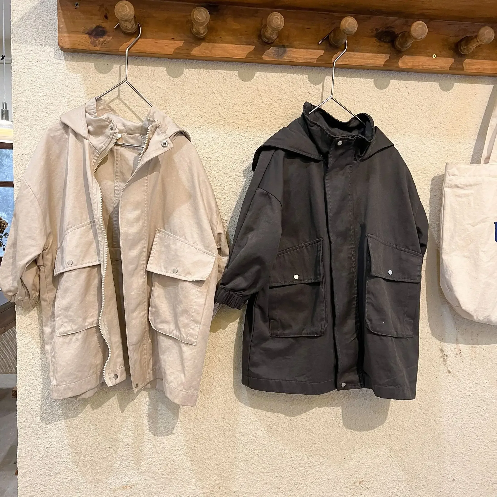 4561D Children's Coat Long Trench Coat Spring Girls' Hooded Windbreaker Korean Casual Loose Boy's Outerwear