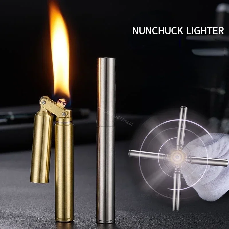 Nunchakus Lighter for Men Dad Husband Christmas Gift Vintage Lighter Nunchucks Kerosene Lighter Windproof Brass Stainless Steel
