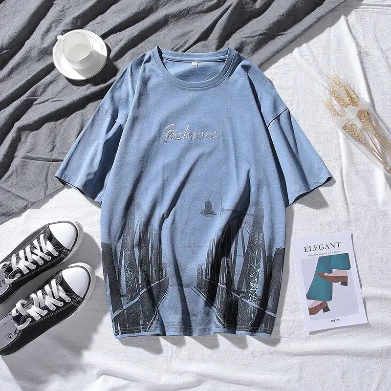 

Summer Men's Round Neck Pullover Printed Letter Building Gradient Abstract Short Sleeve T-shirt Fashion Casual Vintage Tops