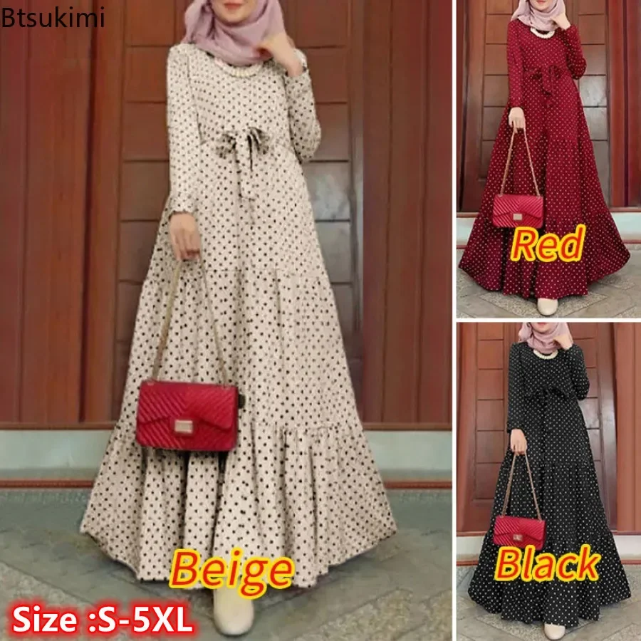 

New 2024 Women's Muslim Polka Dot Long Sleeve Dress Stylish Belts Party Robe Loose Maxi Dress Muslim Women Dubai Turkish Modesty